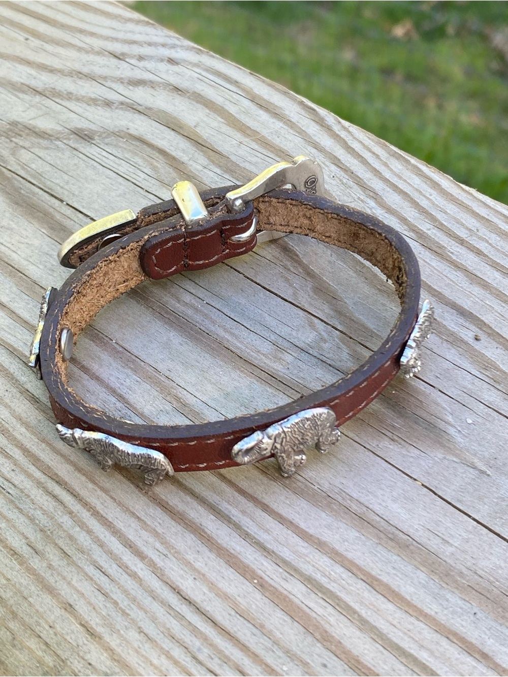 Brown Leather Belt Buckle Bracelet with Silver Animal Charms Rhino Zebra Bear - Picture 2 of 13